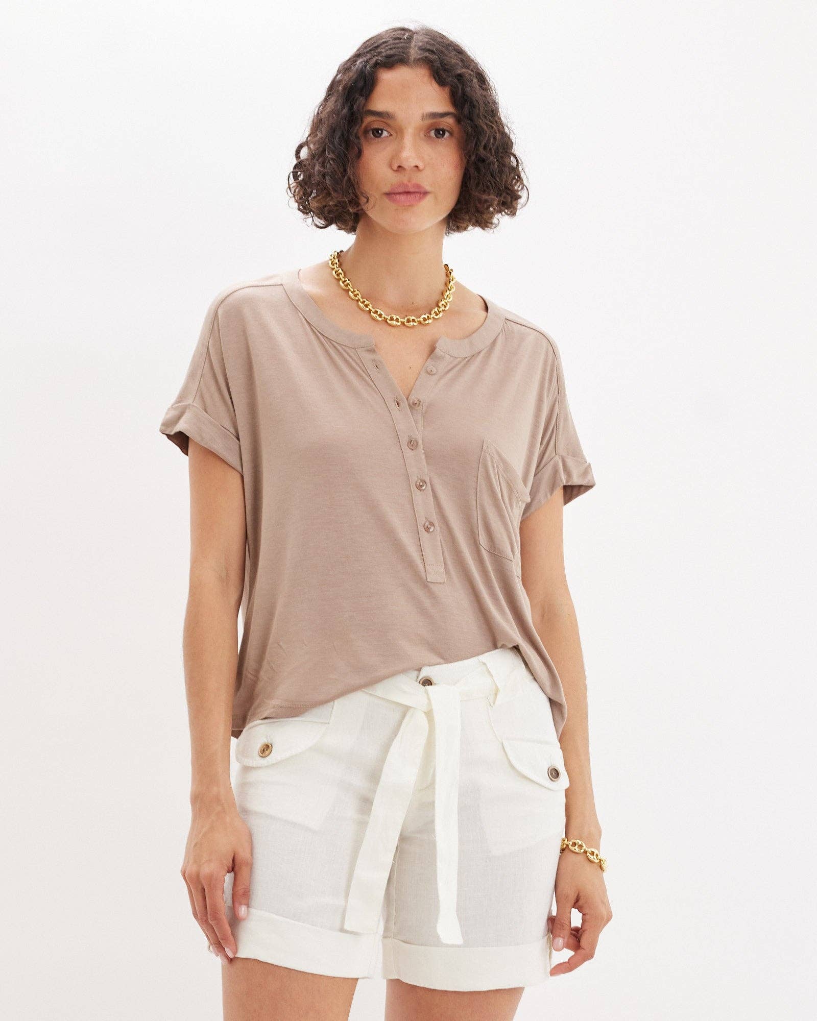 Enid Three Quarter Button Tee - Taupe for wholesale on Faire
