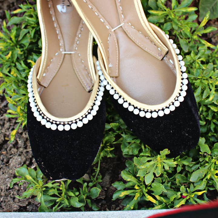 Elegance White Pearls Embellished on Black Velvet Wedding Ballet Flat Shoes for wholesale on Faire