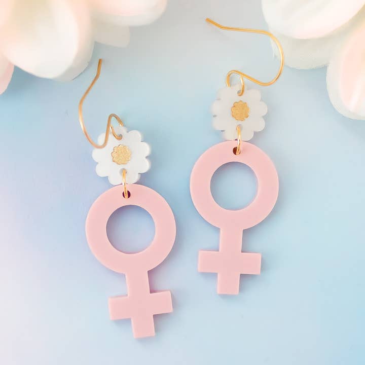 Feminist Earrings, Female Symbol With Flower Acrylic Dangles for wholesale by Momenti di Vita