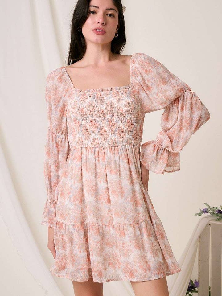 M42969-MINIKLEID MIT BLUMENDRUCK UND SMOKING-DETAIL für den Großhandel von mittoshop