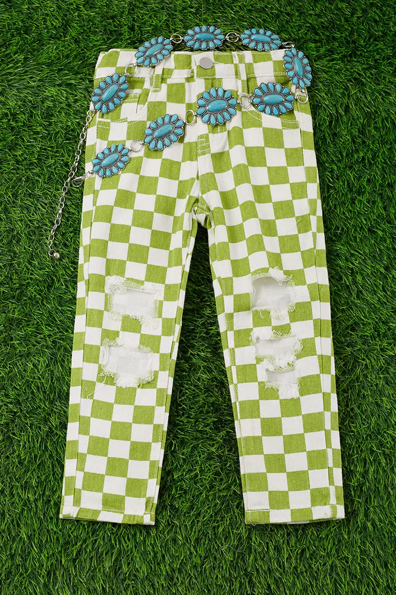 Kids Charm Online - Wholesale Jeans - Kids - LIME GREEN CHECKER PRINTED DISTRESSED DENIM PANTS. PNG2513301
