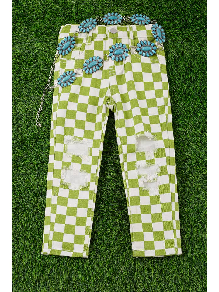 Kids Charm Online - Wholesale Jeans - Kids - LIME GREEN CHECKER PRINTED DISTRESSED DENIM PANTS. PNG2513301