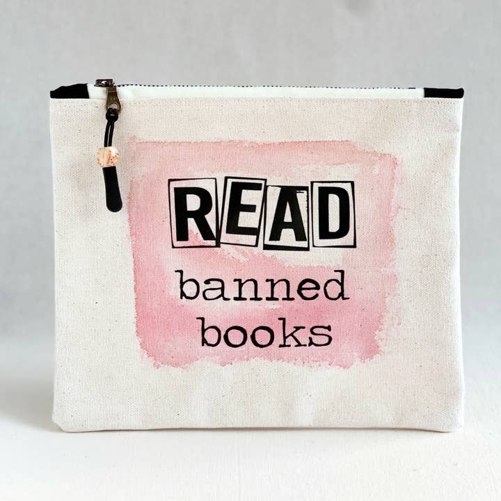 Canvas painted zip bag SMALL - read banned books for wholesale by Pretty Clever Words