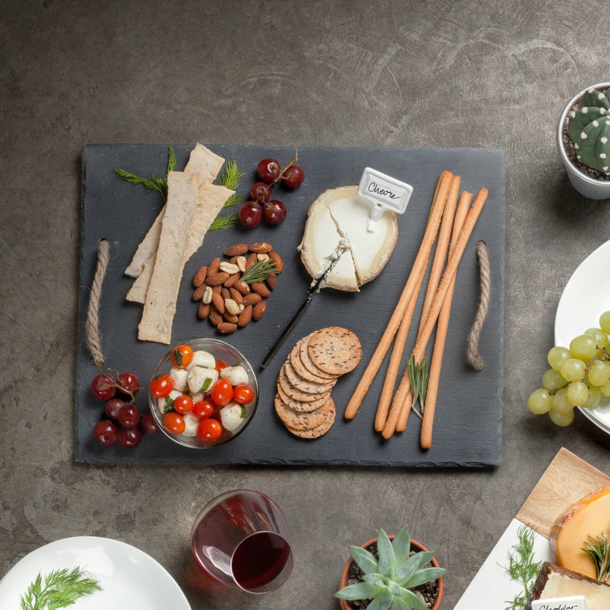 Twine - Wholesale Cheese Board - 15.5 inch Slate Cheese Board w Hemp Handles Includes Chalk2
