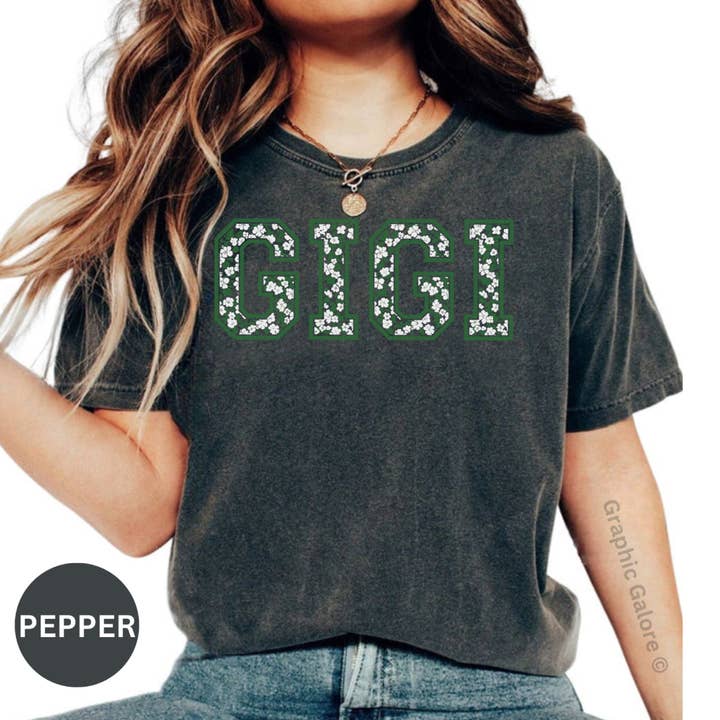 Gigi Floral T-Shirt, Personalized Name Tee, Custom Grandma Gift, Green Lettering Shirt, Botanical T-Shirt, Gigi Birthday Present Shirt for wholesale by Graphic Galore