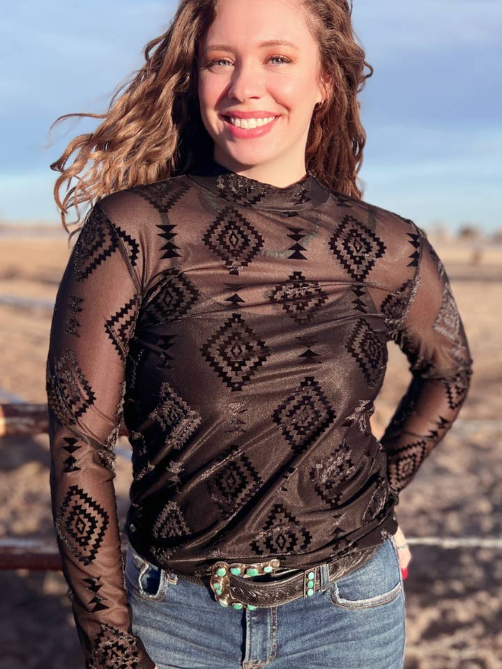 Sterling Kreek - Wholesale Blouse - Women's - Berlin Long Sleeve Velvet Mesh Top