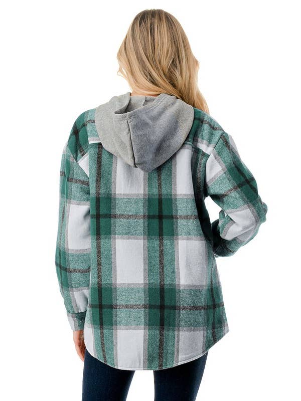 Color 5 - Wholesale Sweatshirt - Women's - Fur lined green white plaid flannel shacket w/hoodie pocket