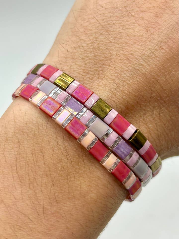 Raspberry Bloom Tila Glass Bead Elastic Bracelet Collection for wholesale by Pixie Gem Shop