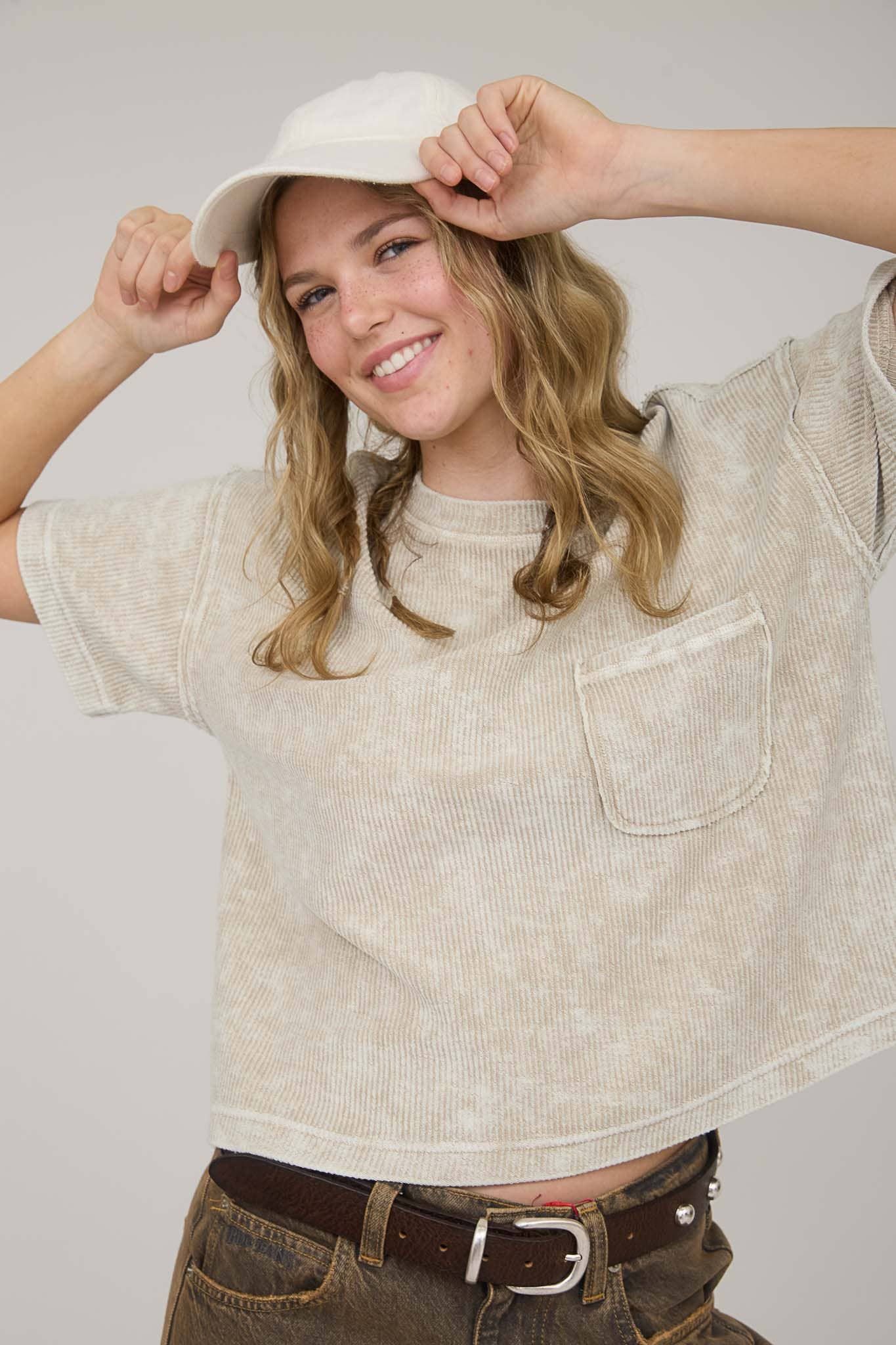 J.O.A - Wholesale Knit Top - Women's - WASHED RIBBED SHORT SLEEVE TEE WITH POCKET24