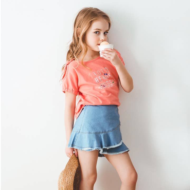 ToTo Heros - Wholesale Skirt - Kids - Ruffle Hem Unbalanced Mini Denim Skirt