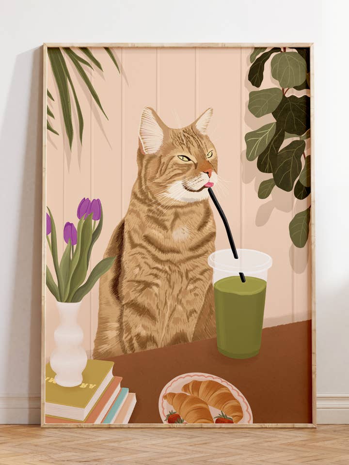 Cat Drinking Matcha Art Print for wholesale by Illustrations Its Funny Howww Inc