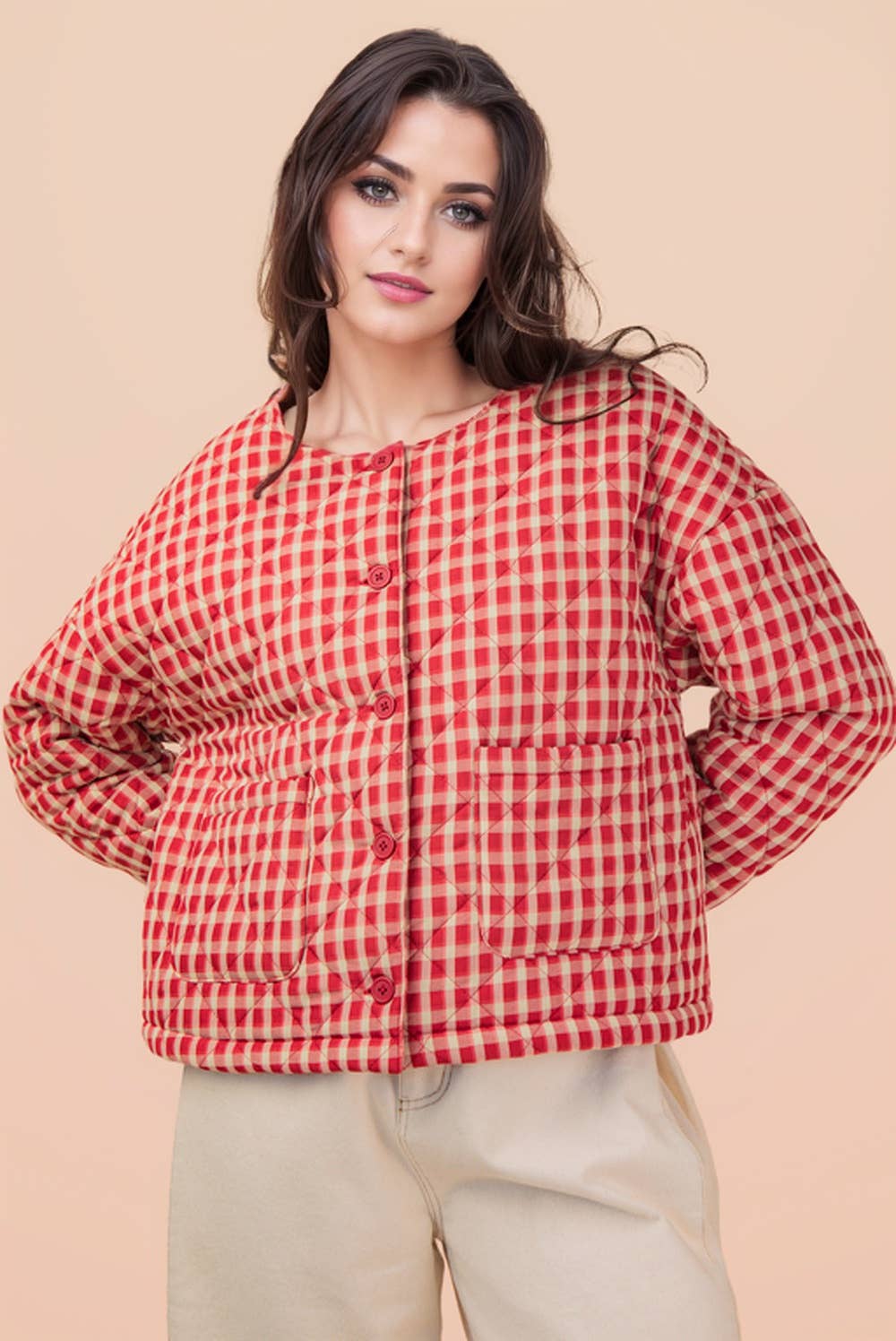 VERY J - Wholesale Jacket - Women's - NJ90419-Oversized Checkered Casual Quilt Jacket10