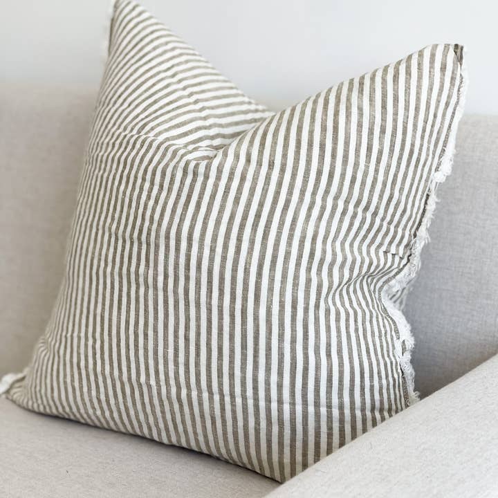 Ellenvale Trade - Wholesale Throw Pillow Cover - Esmee Linen Cushion Cover – Frayed Edge Olive Stripe