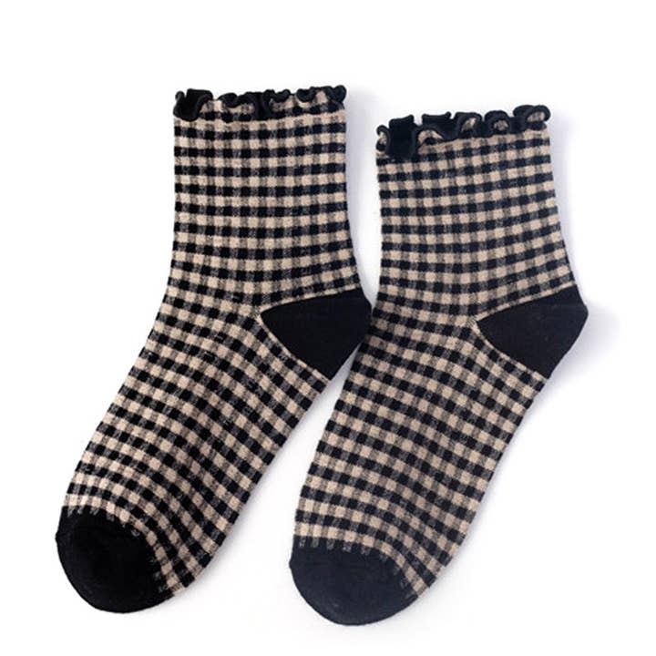 ACCITY - Wholesale Socks - Women's - CHECK PLAID PATTERN RUFFLE CREW SOCKS FOR WOMENS_CWMS065