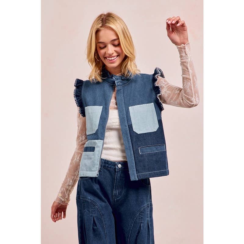 Washed Denim Vest With Block And Shirring Details for wholesale on Faire3