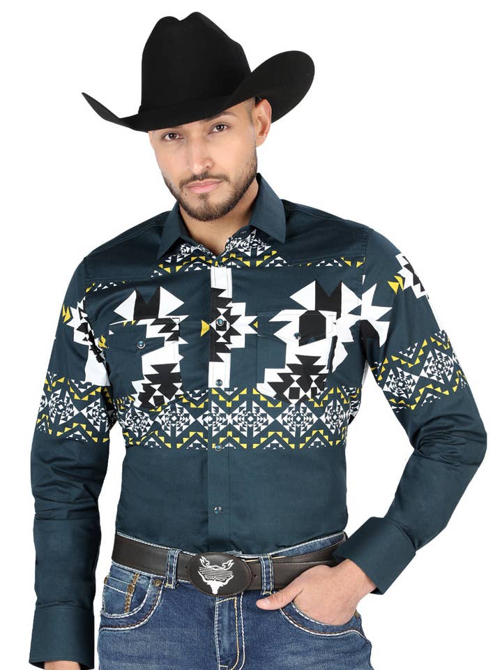 El General - Camicia casual a maniche lunghe - Teal 44486 per la vendita all'ingrosso da parte di El General Western Wear