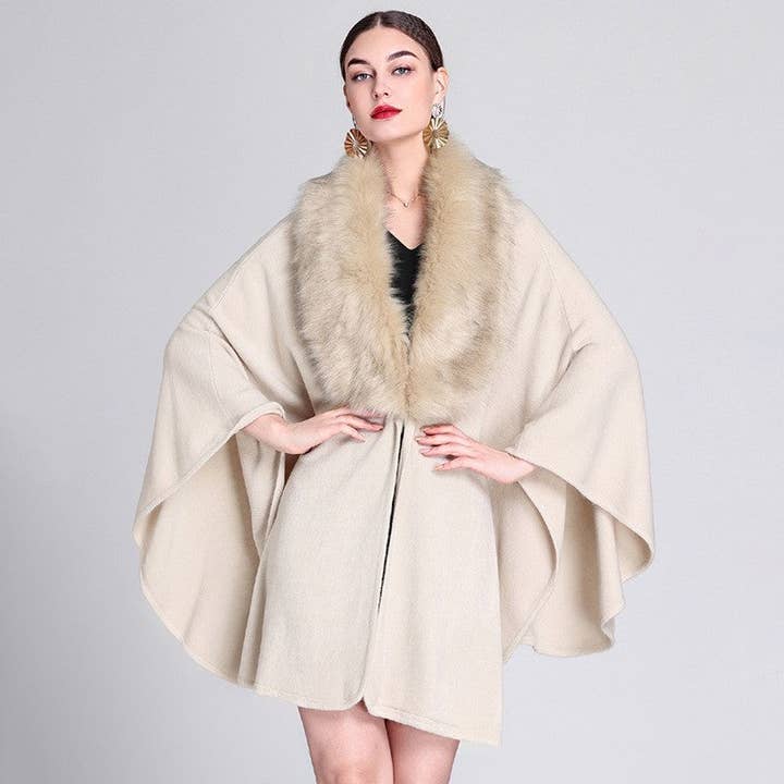 Mid-Length Faux Fox Fur Collar Shawl Cape for wholesale by FurDecoration