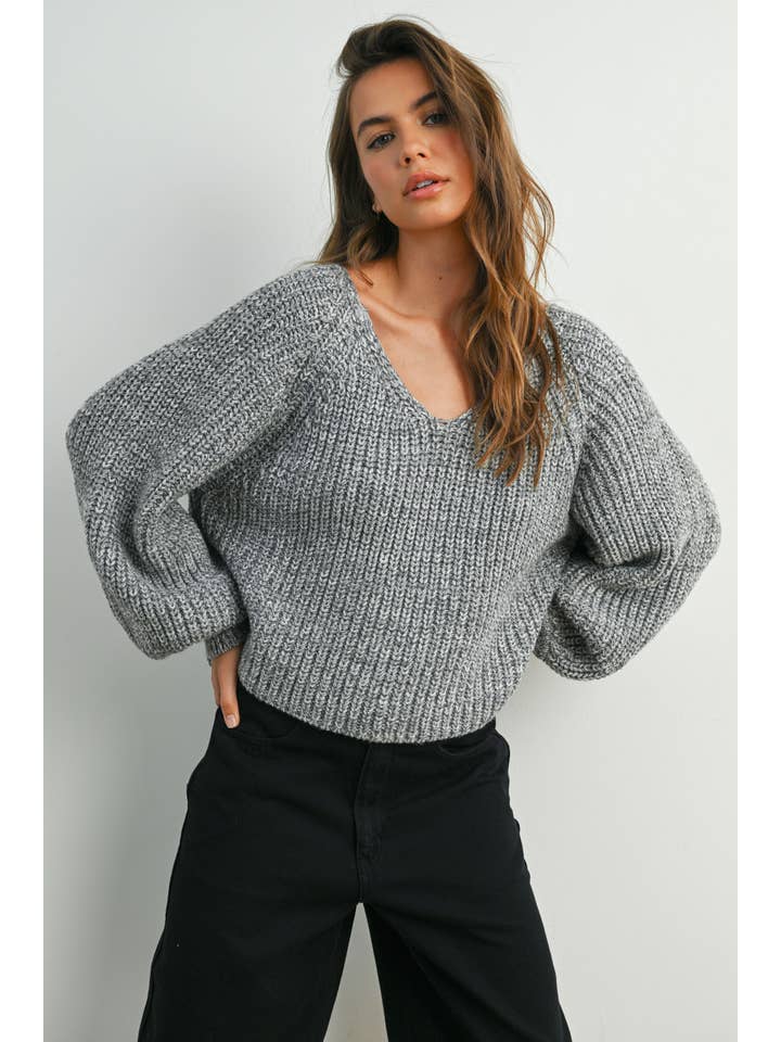 BUTTERMELON - Wholesale Knit Sweater - Women's - Tie-Back V-Neck Drop Shoulder Long Sleeve Top - BMW781019