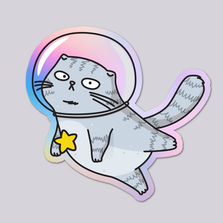 Holographischer Vinylaufkleber Cosmic Cat, gestanzt für den Großhandel von Design Corner