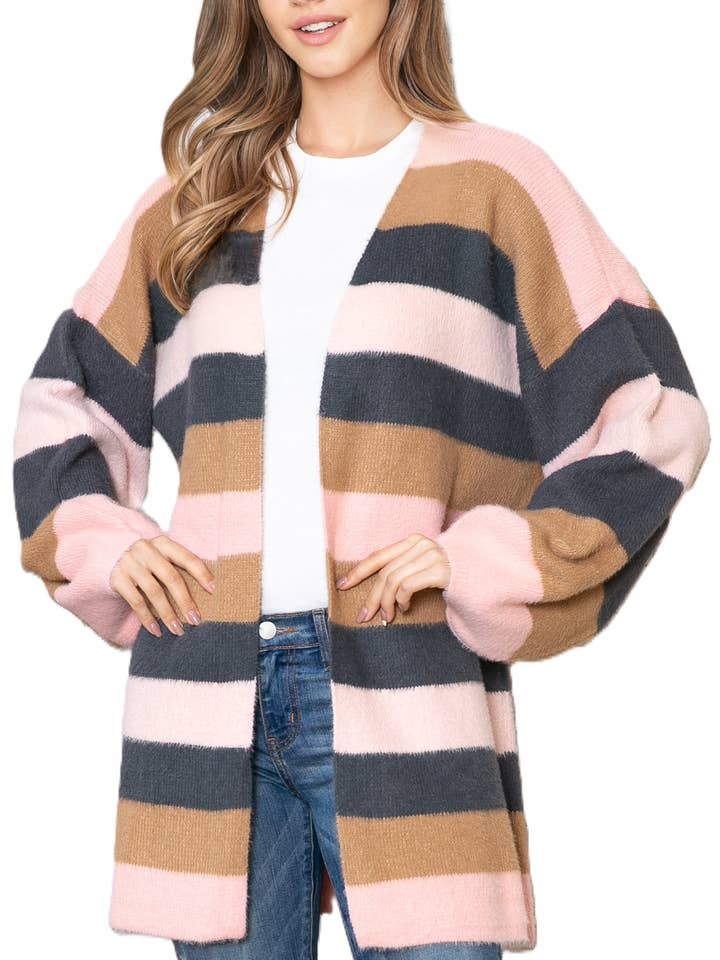 Belmont Stripe - Fluffy Cardigan Kimono Striped Sweater for wholesale by Justin & Taylor