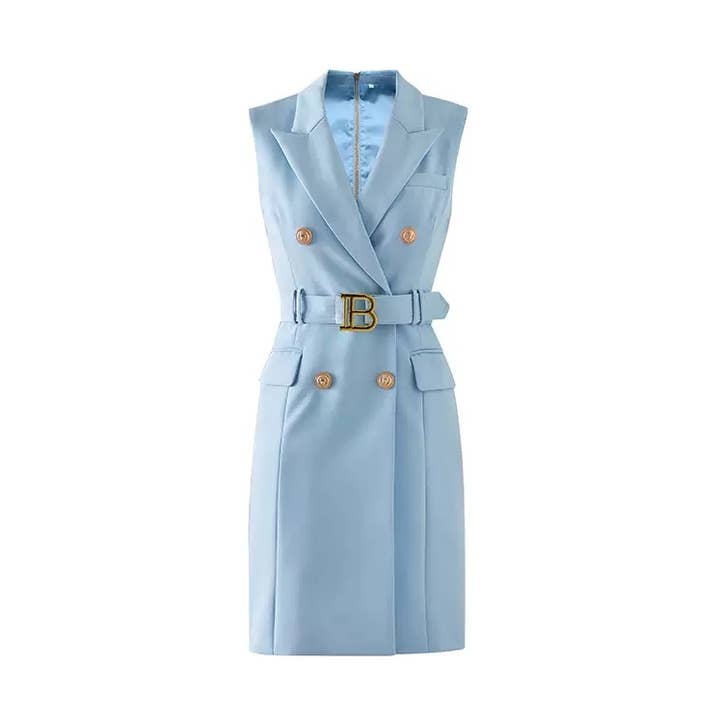DR008Y Chic Sleeveless Slim-Fit Blue Belted Blazer Dress for wholesale by Productseeker
