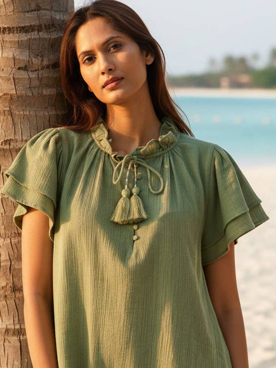 Kaftan strandklänning, Khaki bomullsstrandtäckning med fickor för wholesale av La Mandarine