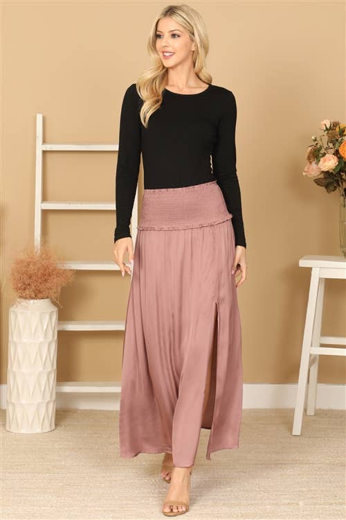 MYS Wholesale Inc - Wholesale Skirt - Women's - Shirred Waist Double Thigh Split Satiny Skirt3
