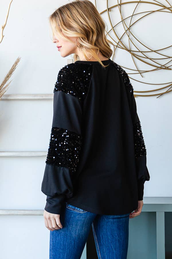 7th Ray - Wholesale Sweatshirt - Women's - [PLUS SIZE] Brushed Sequin Contrast Pullover Top T5341XL4