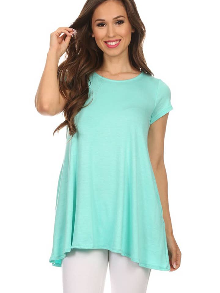 Women's Short Sleeve Round Neck Solid Tunic Top with Pockets for wholesale by MOA COLLECTION