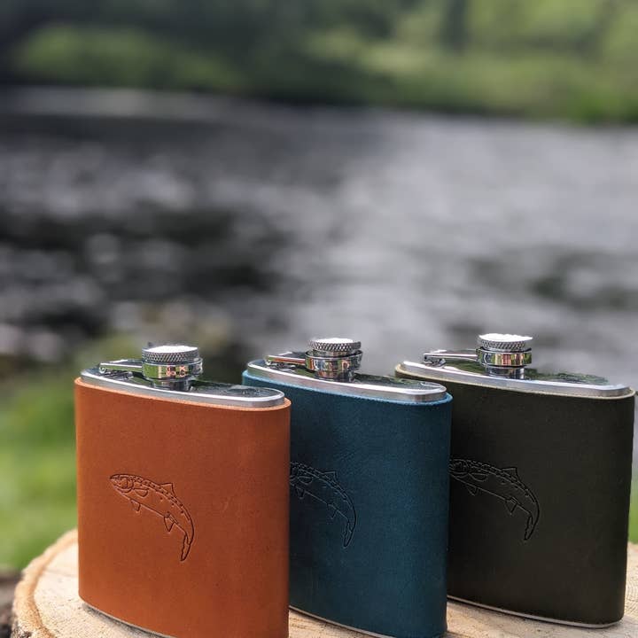 Salmon Leather Hip Flask Gift Set — Handmade, Whisky Lover Gift for wholesale by J Boult Designs