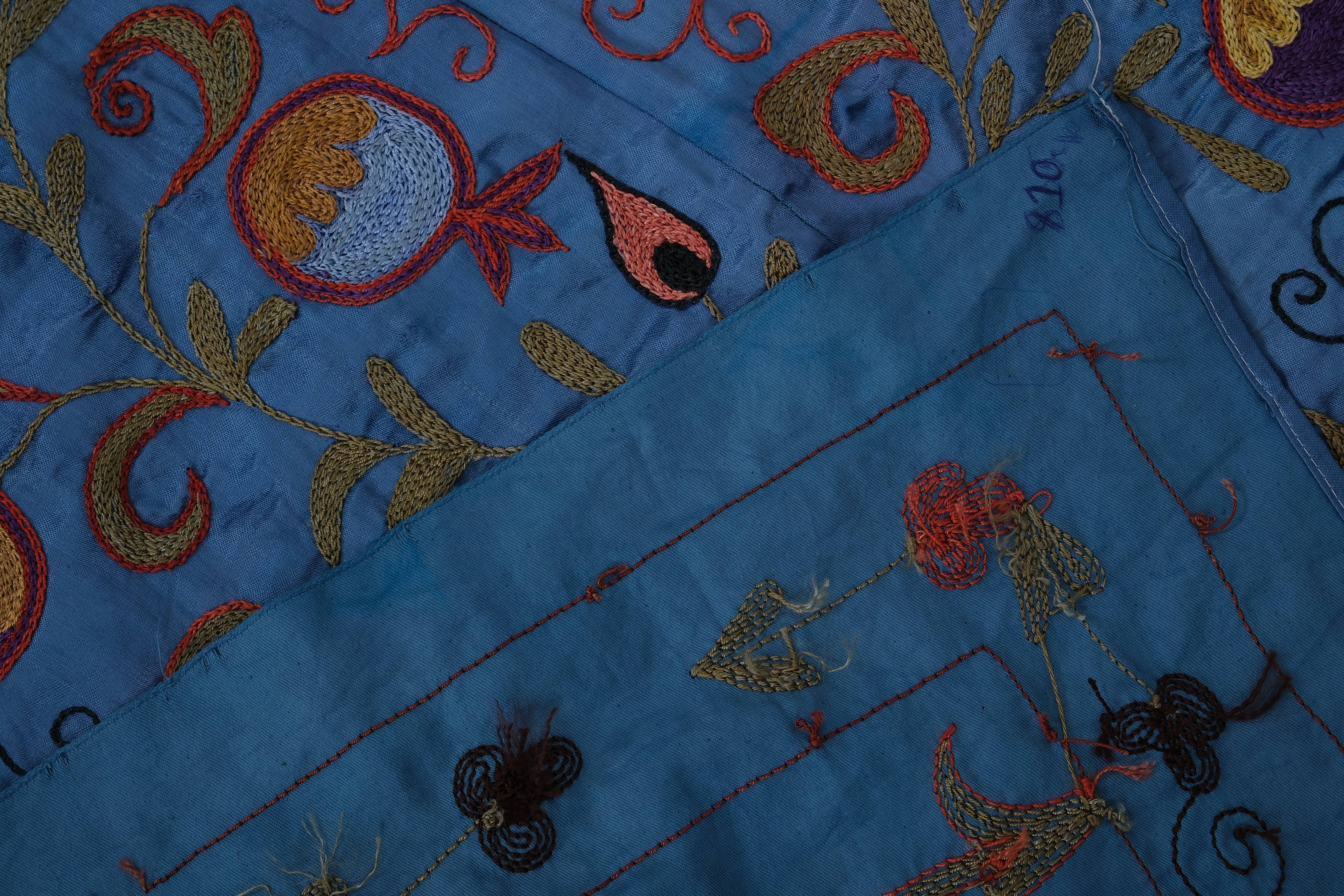 Vintage Pillows Store – wholesale Table runner – 1960s Silk Suzani Blue Runner With Tree of Life Pattern8