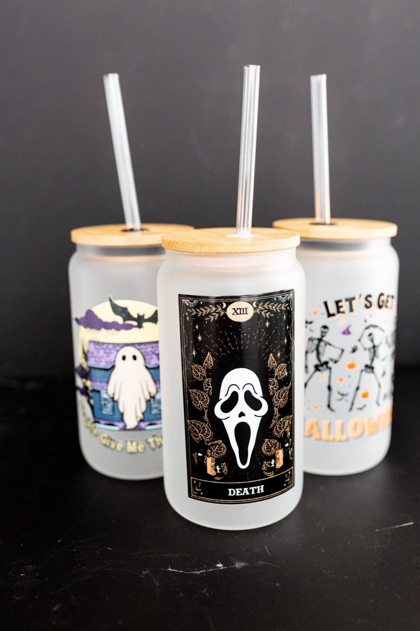 Wholesale Ghost Face Tarot Death Card Glass Can w/ Bamboo Lid & Straw for  your store - Faire