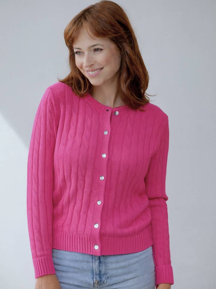 Cardigã rosa em malha de algodão com padrão de trança por atacado de Pearls & Camo
