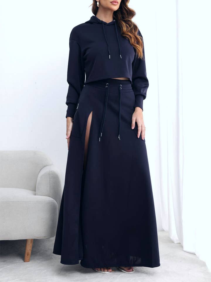 HIDDENBRAND - Wholesale Top & Skirt Set - Women's - Hoodie sweatshirt top maxi skirt set 2pcs10