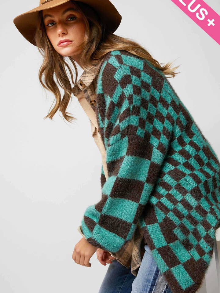 Davi & Dani - Wholesale Cardigan - Women's - PLUS CHECKERED PRINTED FUZY FLEECE SOFT WARM KNIT SWEATER CA