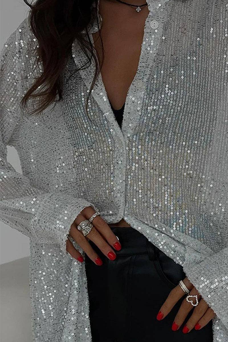 Mccolin - Wholesale Buttoned-down shirt – Women's - Sparkling Sequin Button-Front Blouse1