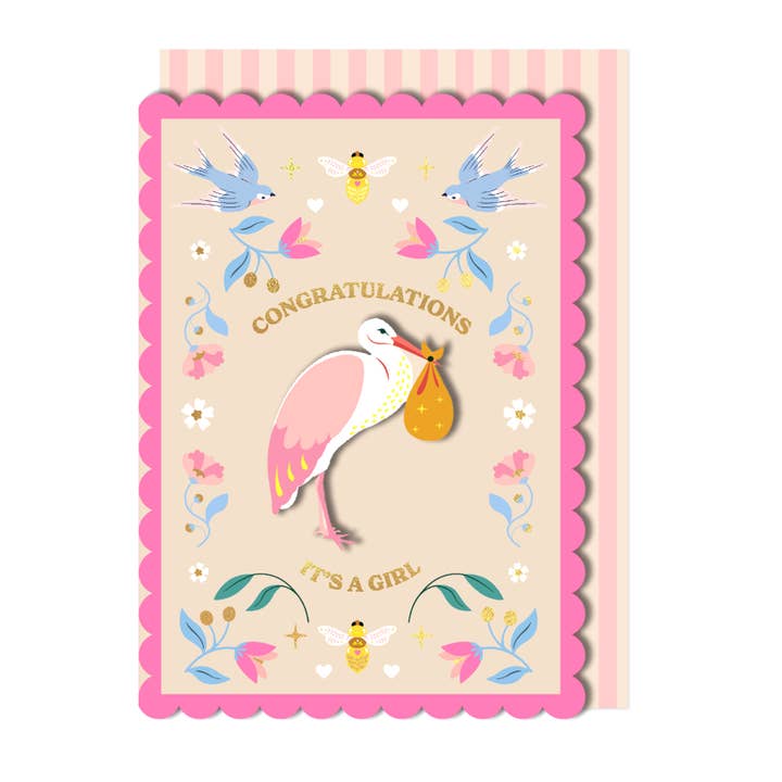 Gefeliciteerd, Het Is Een Babymeisje 3D Ooievaar Handgemaakte Wenskaart voor wholesale door Tache