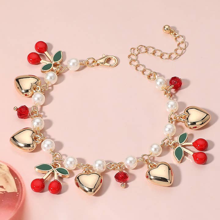 Sensibling Corp. - Wholesale Charm/Dangle Bracelet - Enamel Cherry Metal Heart Charm Station Pearl Link Bracelet