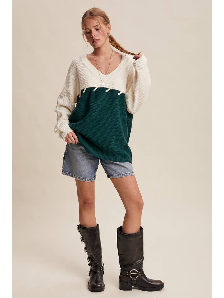 Listicle - Wholesale Knitted jumper – Women′s - Two-Tone Lace-Up Detail Sweater LSW087922