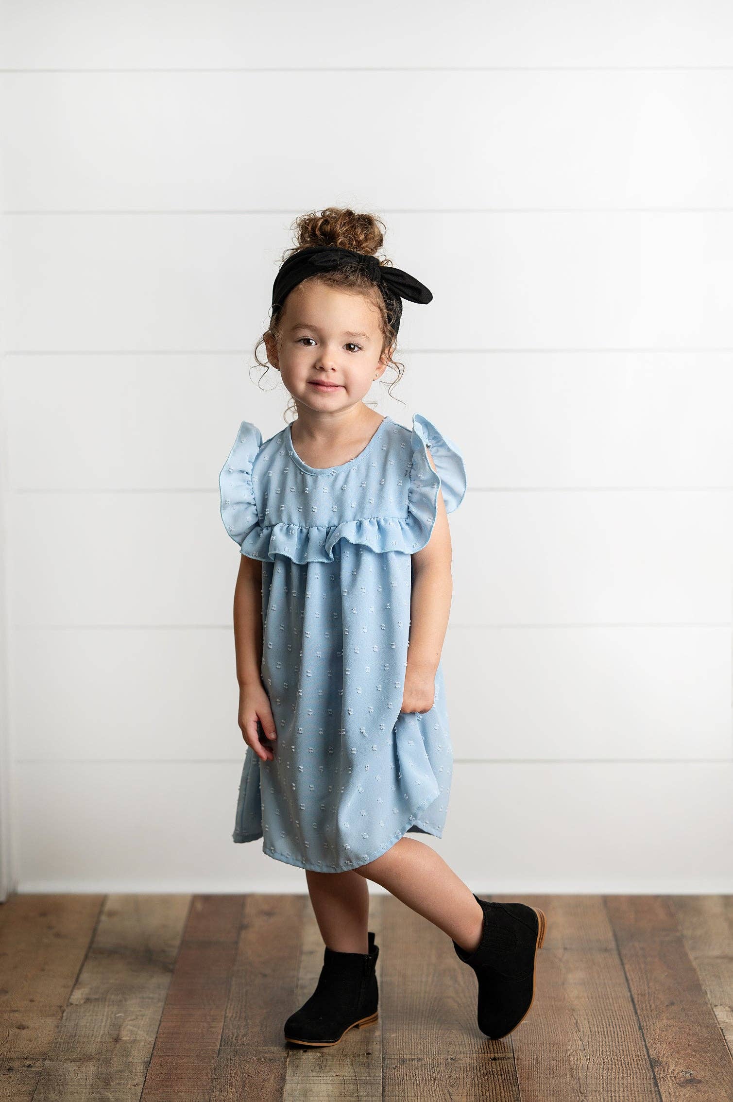 Wren & James - Wholesale Dress - Kids - Girls Dusty Blue Ruffle Bib Swiss Dot Spring Summer Dress1