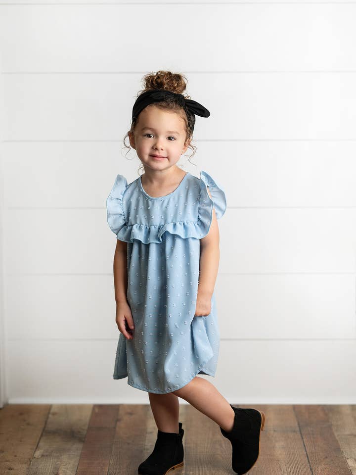 Wren & James - Wholesale Dress - Kids - Girls Dusty Blue Ruffle Bib Swiss Dot Spring Summer Dress1