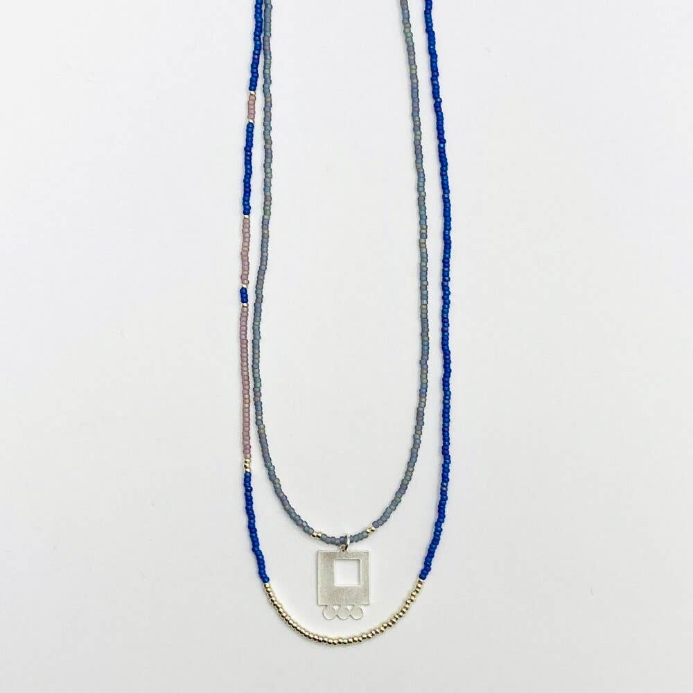 Sarah Crawford Handcrafted - Wholesale Jewelry Set - Purples Beaded Necklace Set - Silver Open Square with 3 Dot1