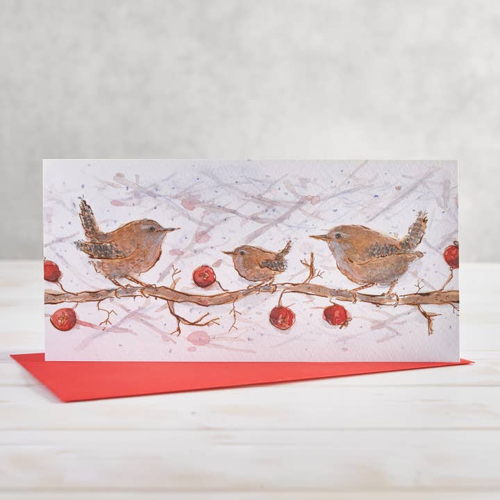 Wren Family Christmas Greetings Card for wholesale by Helen Wiseman Illustration