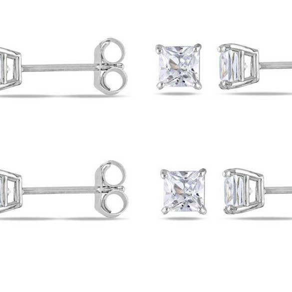 Set mit vier Ohrsteckern aus 10-karätigem Weißgold, künstlicher weißer Saphir, 1 Karat, quadratischer Schliff für den Großhandel von Paris Jewelry