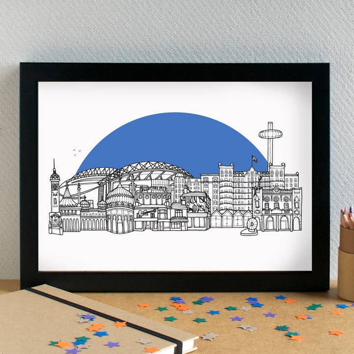 Brighton Skyline - with AMEX Community Stadium - Art Print for wholesale by Becka Griffin Illustration