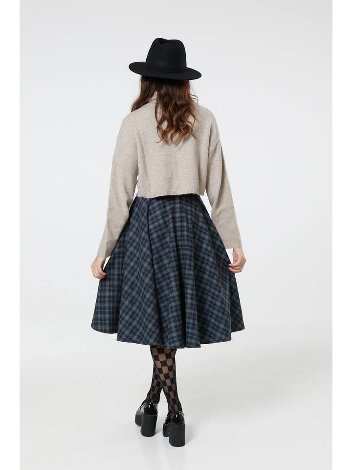 Timeless London - Wholesale Skirt - Women's - Sophie Blue Ink Woollen Check Tartan Midi Swing Skirt