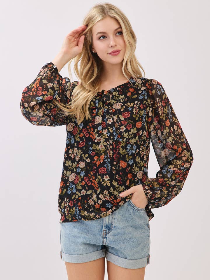 FLORAL CHIFFON FRONT TIE DETAILED LONG SLEEVE TOP - VLT31706 for wholesale by Calista