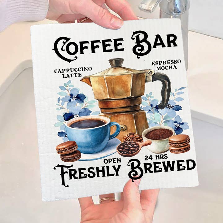 Coffee Bar Freshly Brewed Swedish Dishcloth for wholesale by Avery Lane Gifts