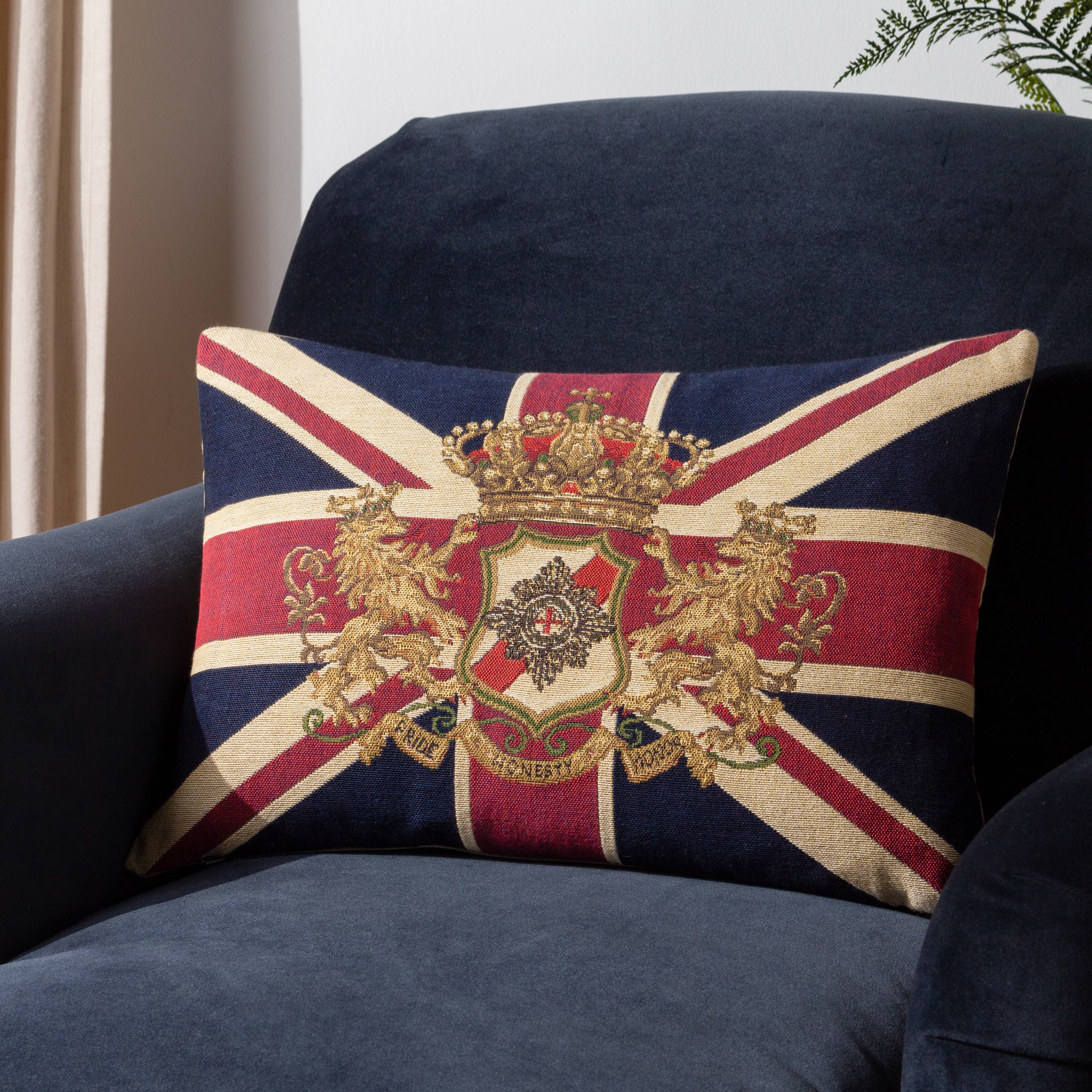 Blue Red Union Jack Lion Crest Flag Tapestry Cushion Blue/Red for wholesale on Faire0