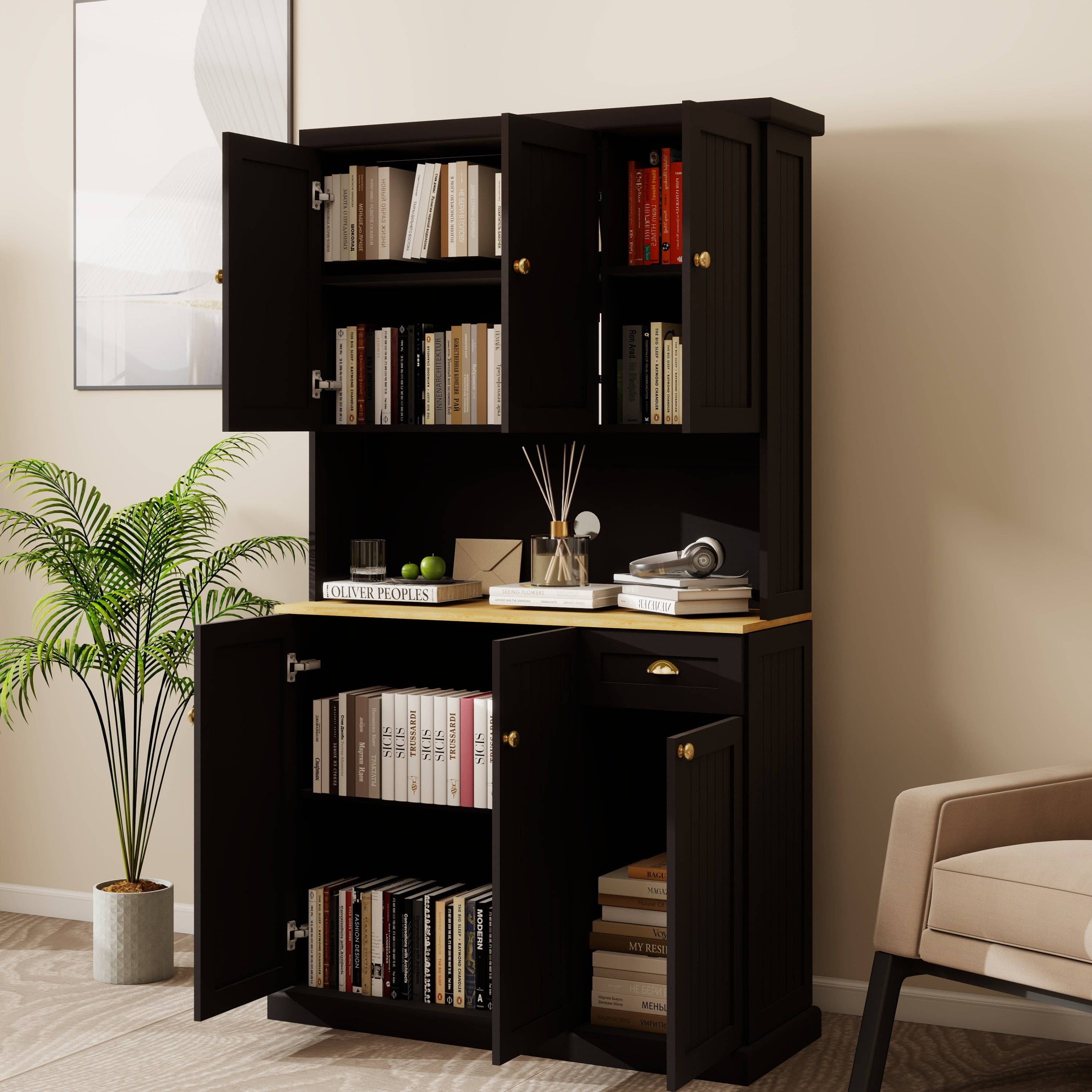 39F Inc. - Wholesale Cabinet - Black Kitchen Pantry Cabinet with Microwave Countertop13